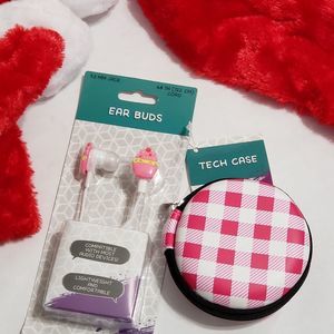 Pink Cupcake Wired Earbuds 3.5mm Design and Gingham Zip Case 2pc Set